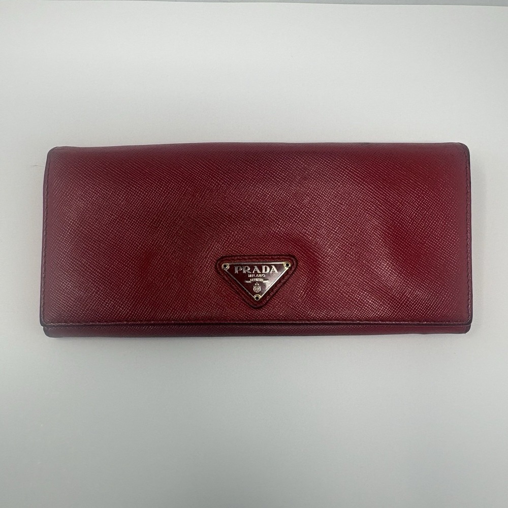 Prada Saffiano Leather Long Wallet Red Gold Tone Snap Closure Italy
